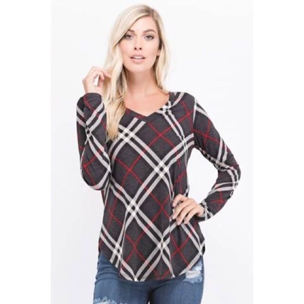 Charcoal Plaid LS V-Neck Top